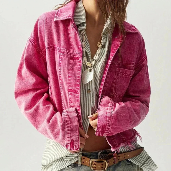 Hot Pink Casual Women's Loose Fit Dropped Shoulder Long Sleeve Washed Jacket - Picture 5 of 8